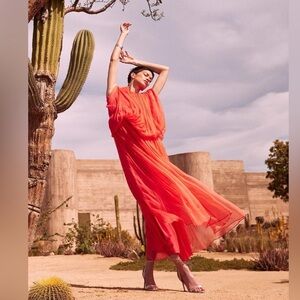 Banana Republic 100% Silk Aveline Crinkle Silk Grecian Flowy Red Maxi Dress XL